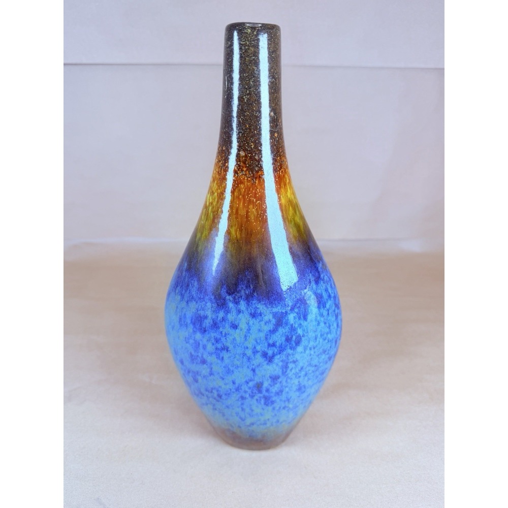 Blue Brown Reactive Glaze Ceramic Vase 12" Long Neck Art Pottery Cobalt Amber